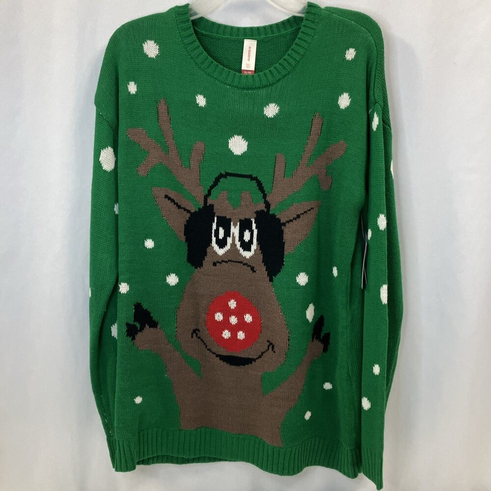 No Boundaries Green Reindeer Christmas Sweater Juniors sz 15-17